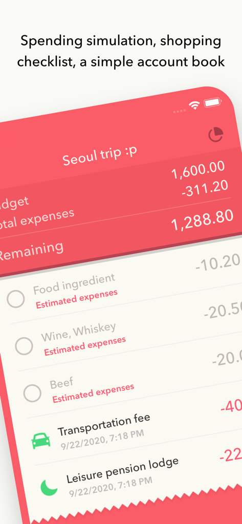 Minibudget Pro - Minibudget Pro app interface showing a trip budget simulation with remaining balance and categorized expenses