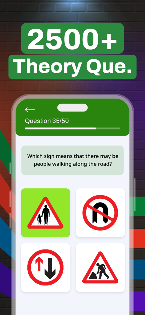 Driving Theory Test Kit 2026 ! - Driving Theory Test Kit app interface showing a multiple choice question on UK road signs