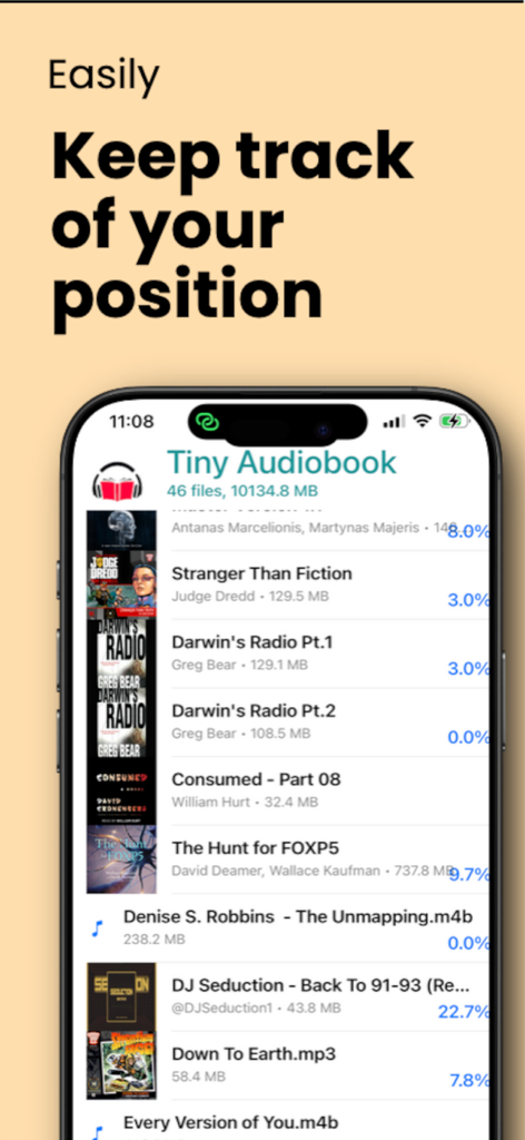Tiny Audiobook Player interface showing a list of audio files with their listening progress percentages.