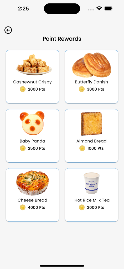 A menu of bakery items like Cashewnut Crispy and Butterfly Danish with their corresponding point values for redemption in the SP Bakery loyalty app