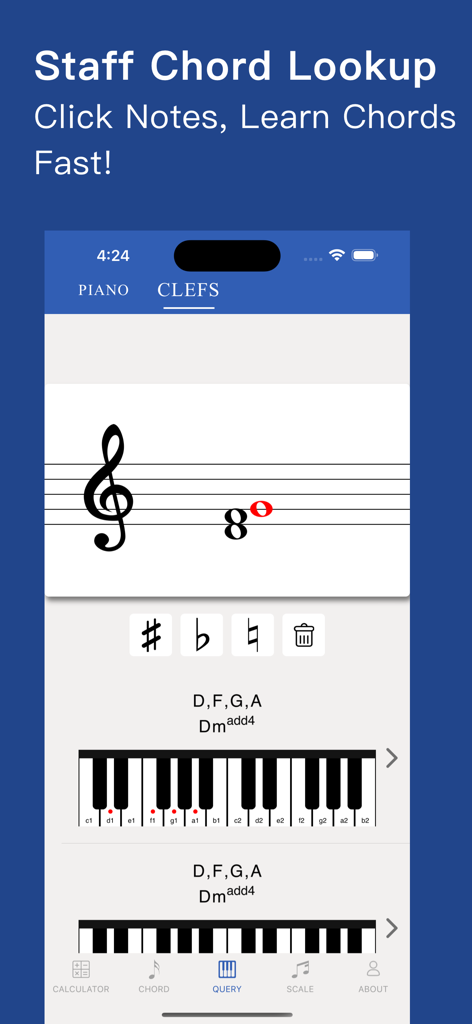 Interface do aplicativo Music Tutor mostrando consulta de acordes em pauta e visualização do teclado de piano