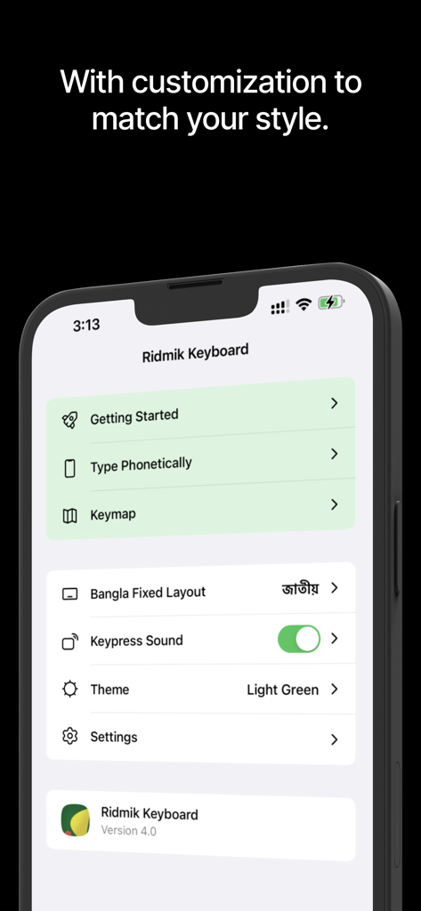 Ridmik Keyboard - Ridmik Keyboard app settings screen showing customization options for themes and typing layouts