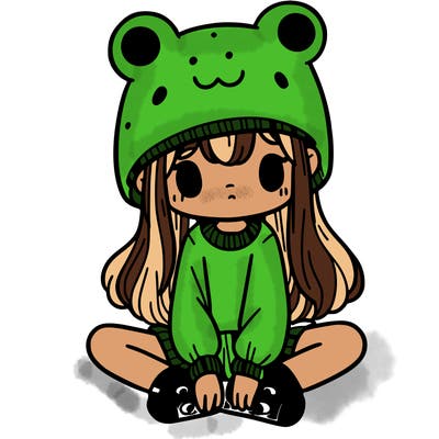 a girl wearing a frog hat and some frog socks