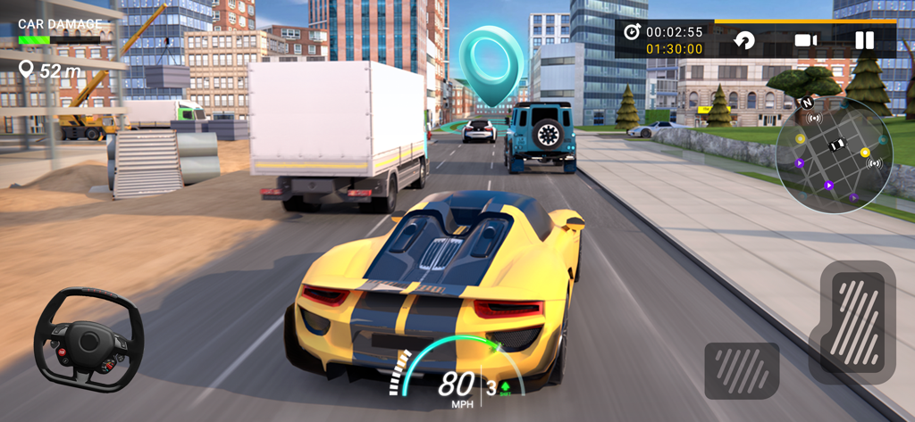 Ein gelber Sportwagen, der im mobilen Spiel Drive For Speed durch eine Stadt fährt