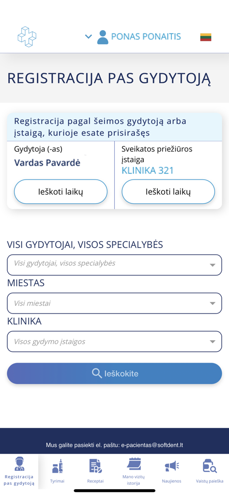 ePacientas - Interface of the ePacientas app for registering with a doctor showing search filters for specialists and clinics