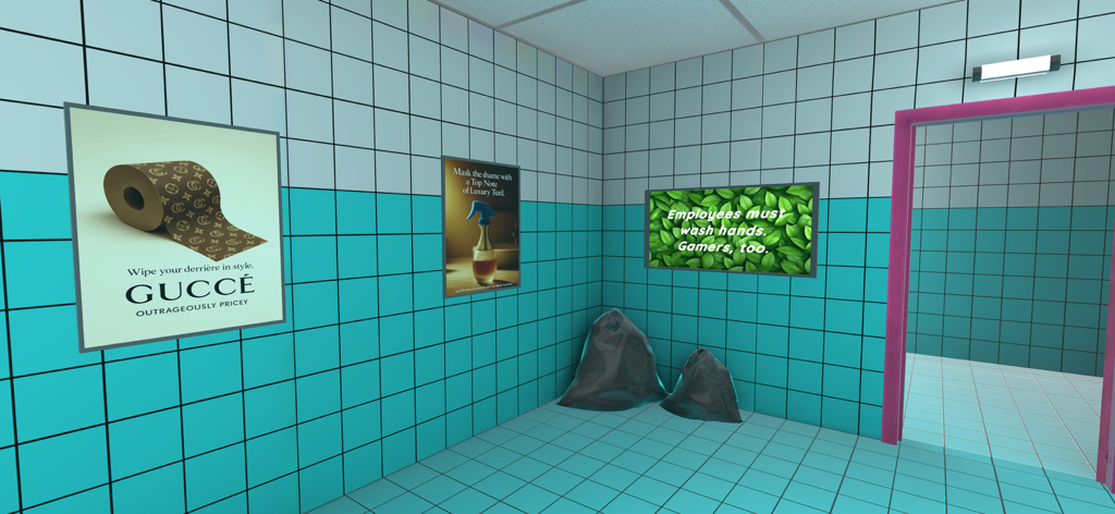 Toilet 8 - A tiled public restroom in Toilet 8 featuring parody posters and trash bags in a liminal space setting
