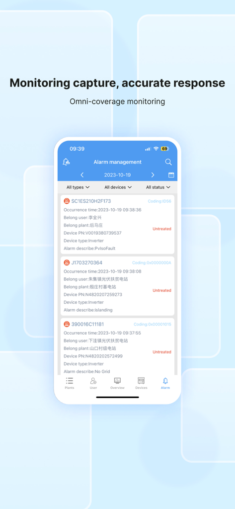 SmartClient for Solar mobile app showing the alarm management screen with real time solar inverter status and error monitoring