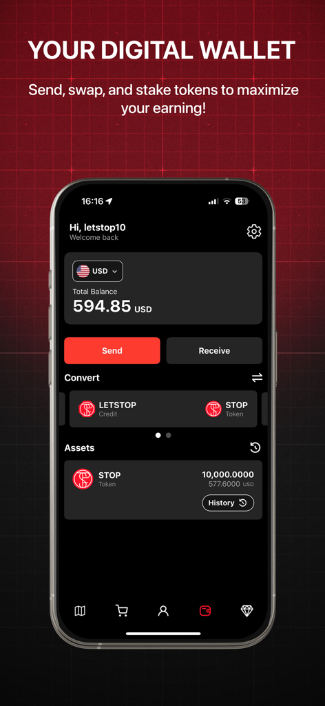 LETSTOP - Interfaz de la billetera digital LETSTOP que muestra el saldo total y los tokens de unidad para ganar
