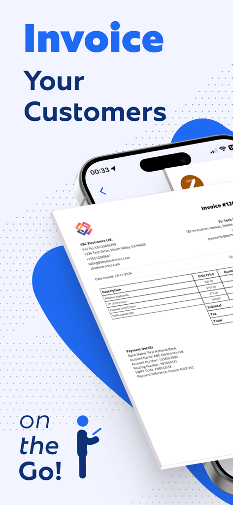Invoice Maker & Generator App - Um smartphone exibindo um documento de fatura profissional com o título Fature Seus Clientes em Qualquer Lugar