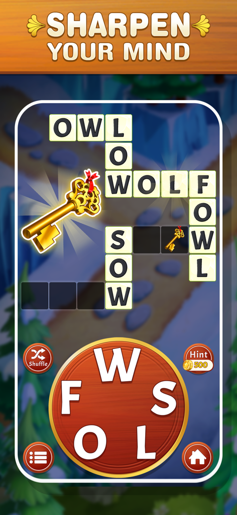 Game of Words gameplay featuring a crossword puzzle and letter scramble wheel