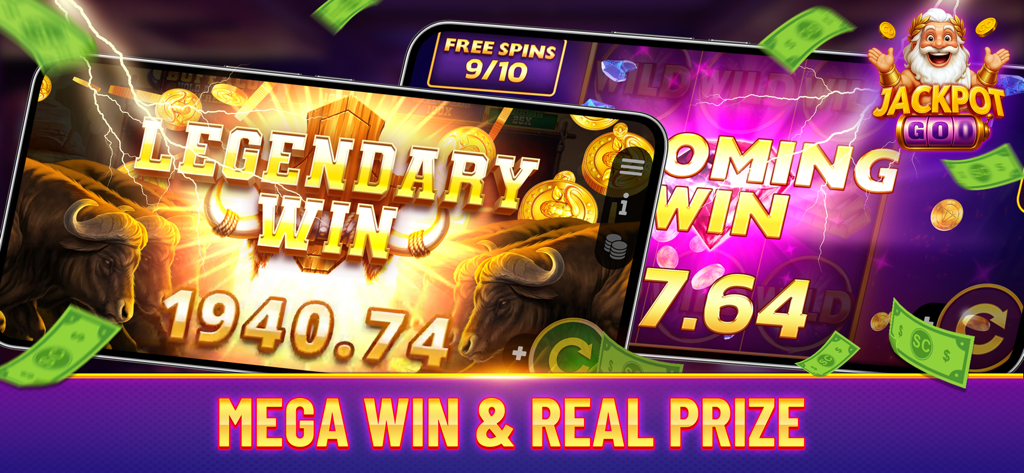Jackpot Go mobile slot game showing a legendary win with buffalo theme and falling dollar bills
