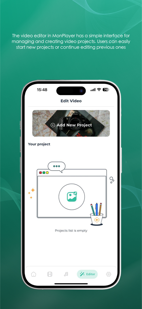 Écran de l'application MonPlayer montrant l'interface de l'éditeur vidéo avec une option pour ajouter un nouveau projet.