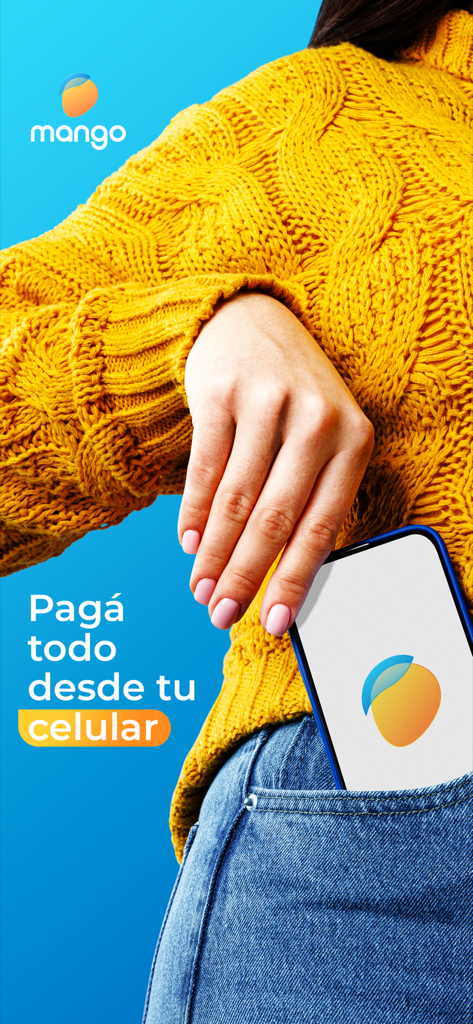 Billetera Mango - A person in a yellow sweater with a smartphone in their pocket displaying the Mango wallet app logo and text saying Pay everything from your cell phone