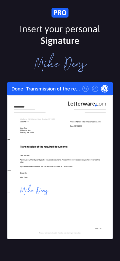 EasyLetter - Send letters - EasyLetter app interface demonstrating the personal signature insertion feature for professional letters