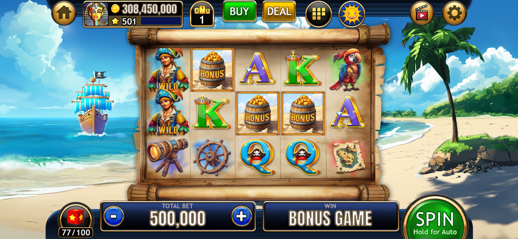 Pirate themed slot machine game screen featuring treasure barrels and a beach background