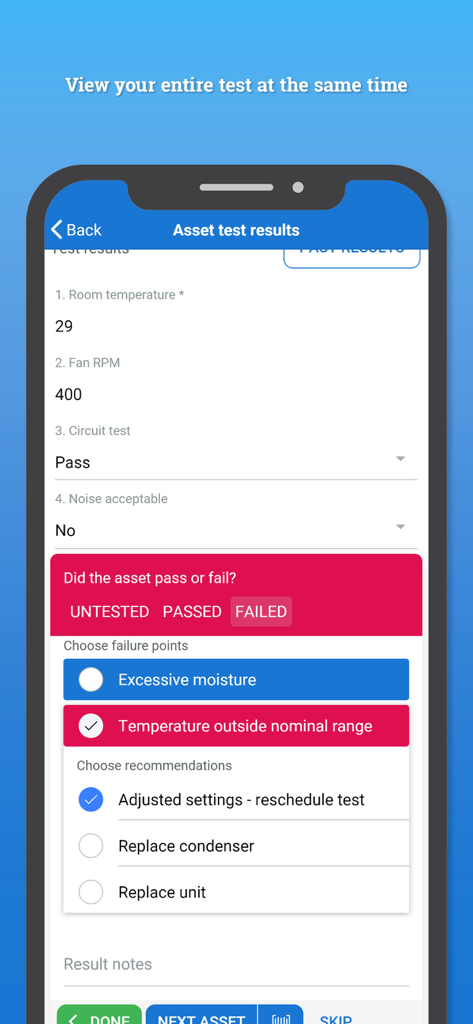 Simpro Mobile - Asset test results screen in Simpro Mobile app showing a failed status and repair recommendations