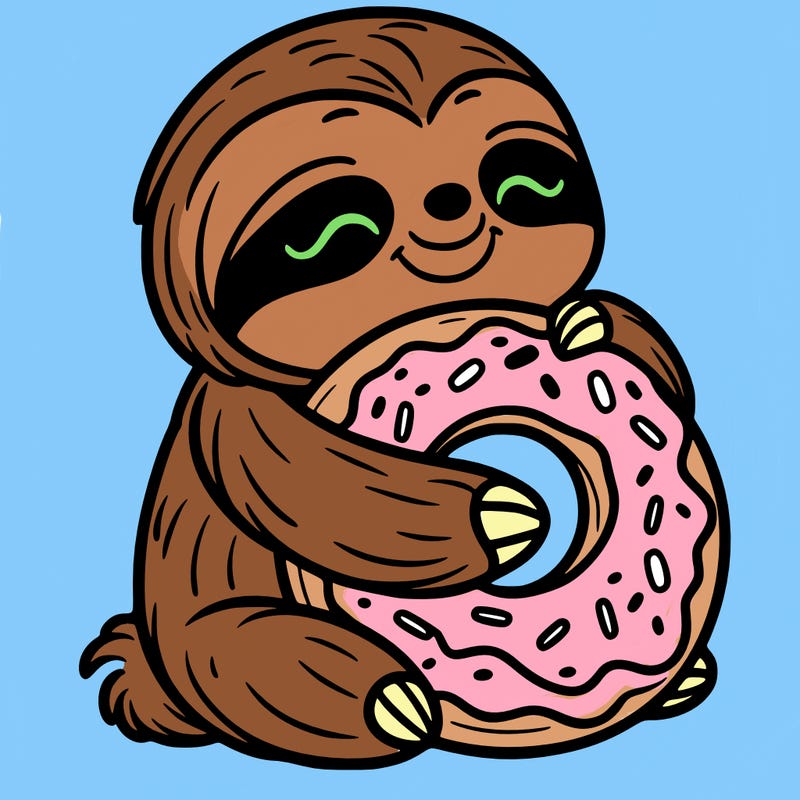 sloth cuddling a donut
