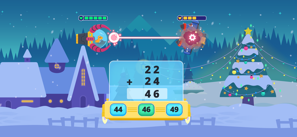 Dinosaur Math 2:Games for kids - Un dinosaurio en una nave espacial resolviendo un problema de suma vertical de 22 más 24 en un nivel temático de Navidad nevado.