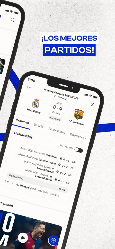 Fichajes fútbol: mercado - Live match summary of Real Madrid versus FC Barcelona showing goal scorers and scores