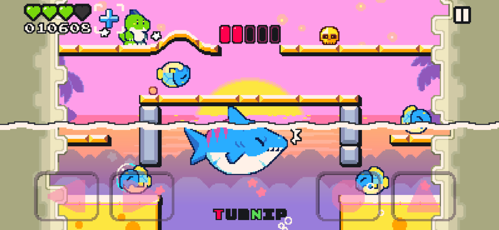 Dino Quake gameplay showing a green dinosaur on a platform above a large shark in a pixel art beach level at sunset.