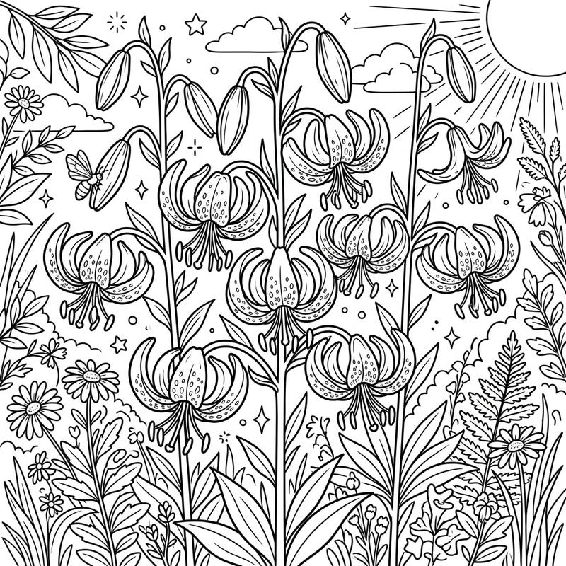 Immerse yourself in the beauty of summer with this intricate Martagon Lilies coloring page, perfect for adults and teens. Discover the unique 'Turk's Cap' flowers amidst lush garden foliage, ready for your creative touch.