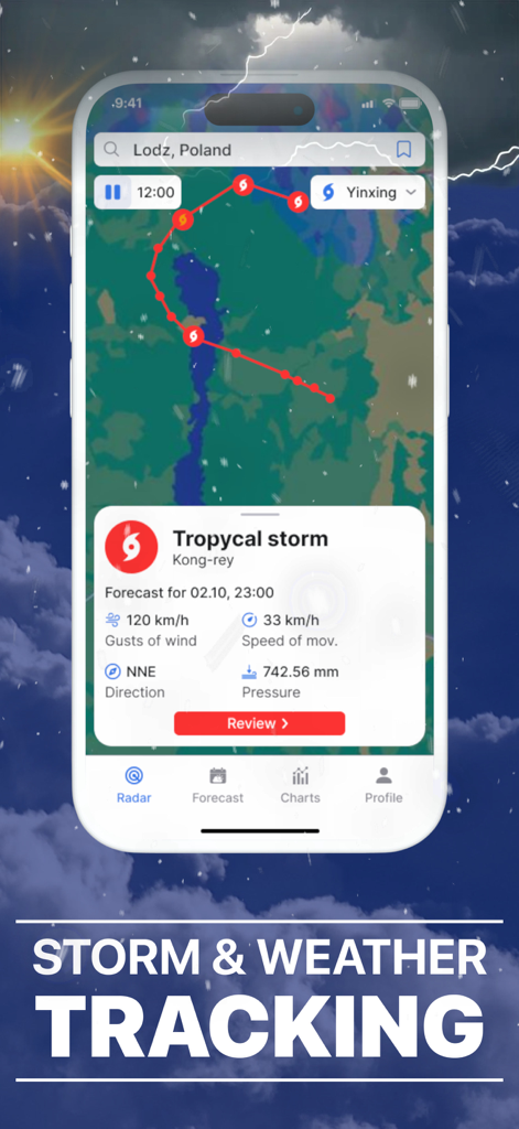 Local Weather Radar - SkyNow - Interfaz de la aplicación meteorológica SkyNow mostrando seguimiento de tormentas tropicales en vivo y datos de radar