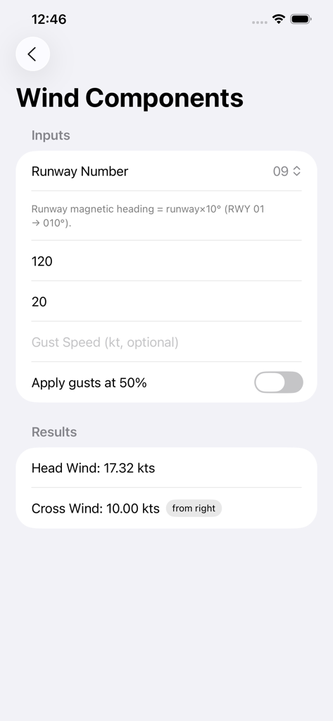 A mobile interface for calculating aviation wind components showing headwind and crosswind results for runway 09