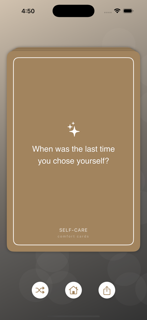 Comfort Cards - Comfort Cards app displaying a self care reflection prompt on a digital brown card.