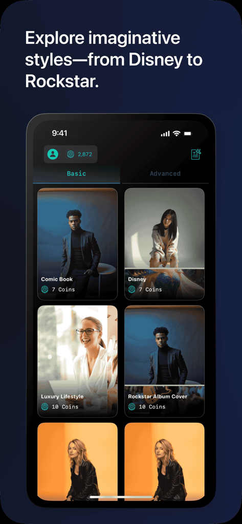 GenAI Hub app interface displaying various AI image styles and filters