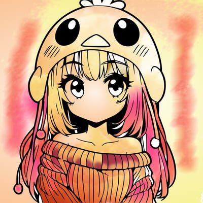 anime girl with chick shaped hat with sweater with bare shoulders with bangs covering them one eye with low tail