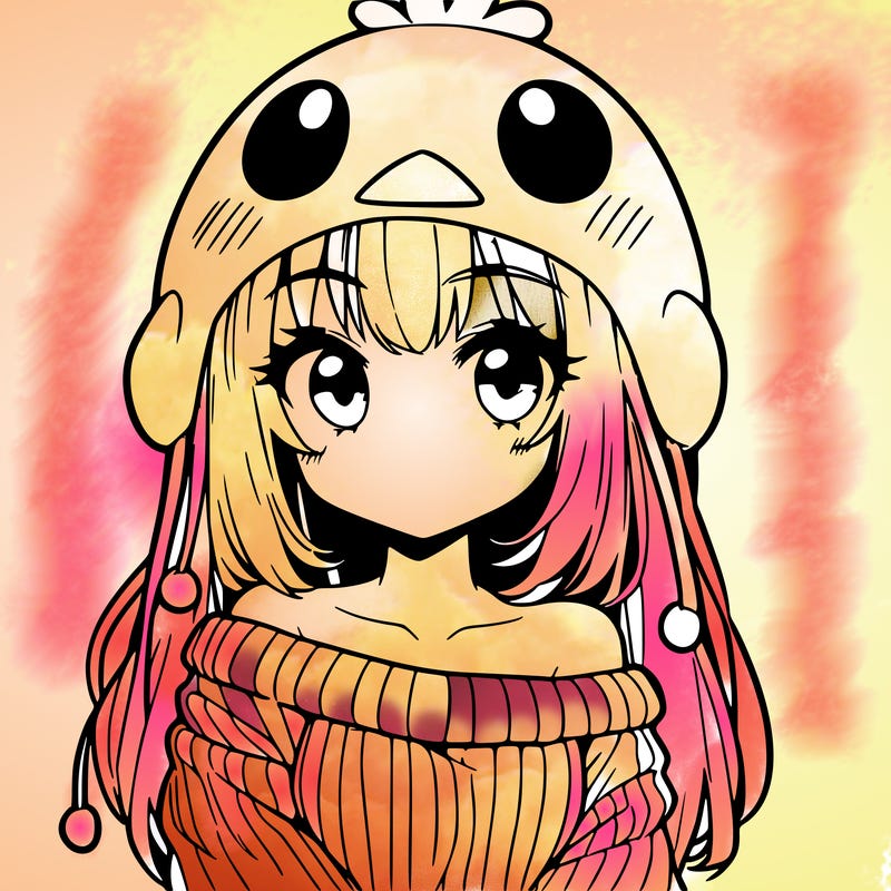 anime girl with chick shaped hat with sweater with bare shoulders with bangs covering them one eye with low tail