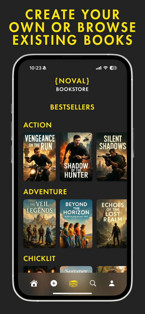 Noval: AI Story Creator - A mobile interface for the Noval app showing categorized AI-generated books like action and adventure titles.