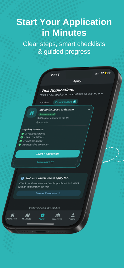 A mobile screen from the Visa Route Diary app displaying the Indefinite Leave to Remain application section with key requirements and a start button.