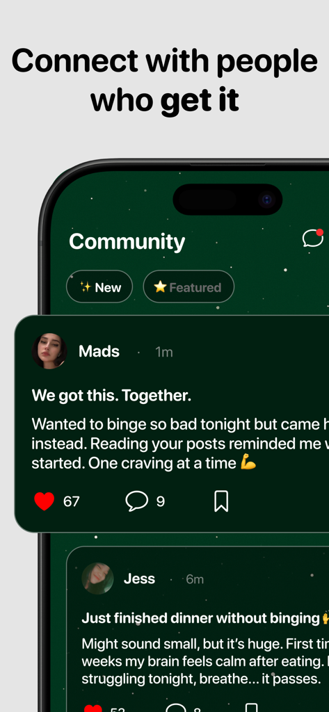 Cravr app community screen showing supportive user posts about binge eating recovery