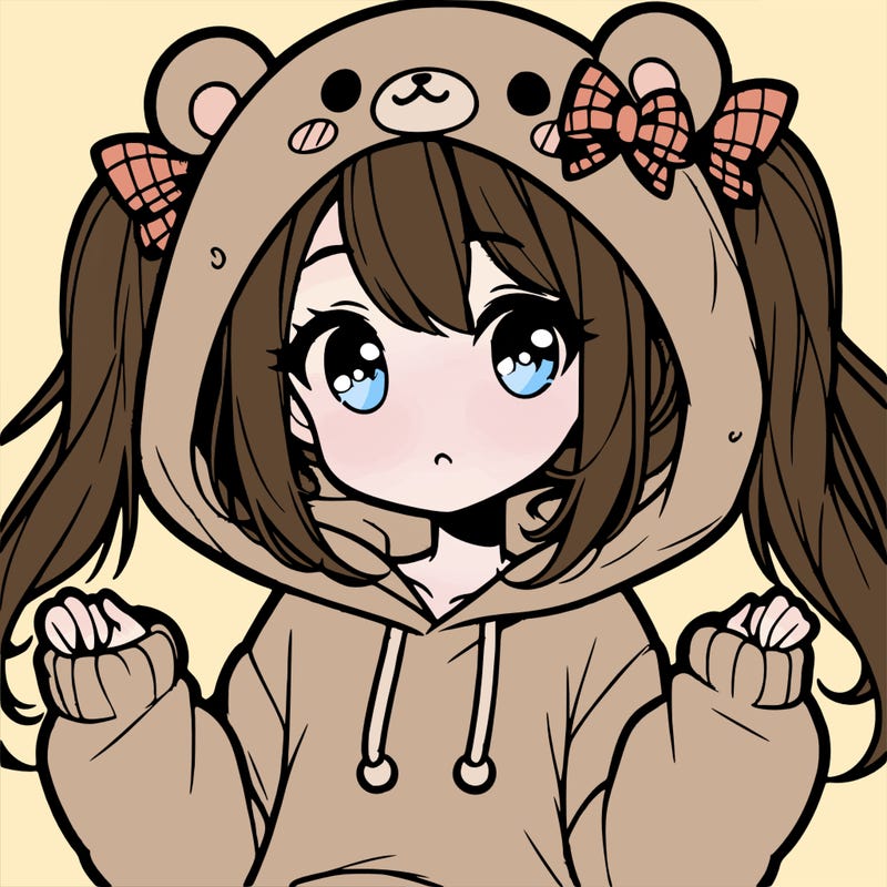 cute anime girl with ponytails and a cute bear hoodie