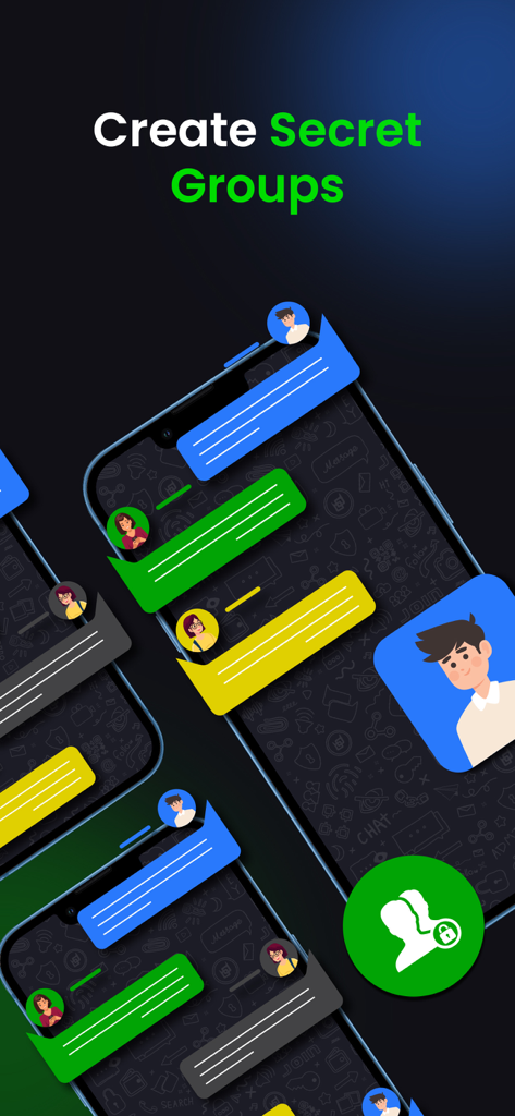 비공개 채팅 거품과 아바타가 있는 비밀 그룹 생성 기능을 보여주는 BChat 메신저 앱 인터페이스