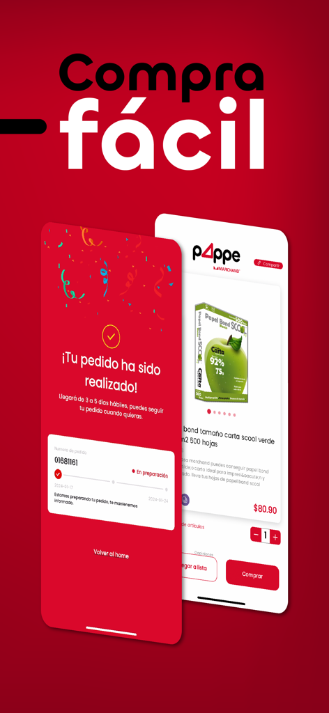 Marchand pAppe - Marchand pAppe mobile app interface showing a successful stationery order confirmation and tracking status in Spanish