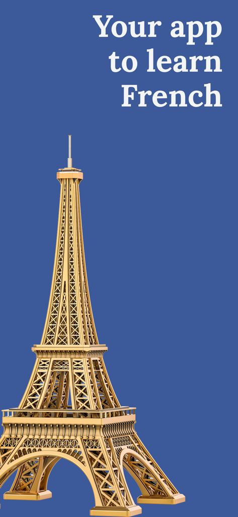 Learn French (Beginners) - Una Torre Eiffel dorada sobre un fondo azul con el texto tu aplicación para aprender francés