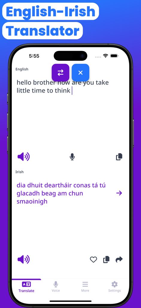A mobile app interface showing an English sentence translated into Irish with voice and share features.