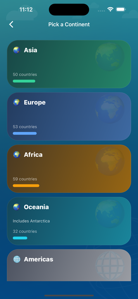World Quiz and Emojis - Pantalla de selección de continentes en la aplicación World Quiz que muestra opciones para Asia, Europa, África y Oceanía con barras de progreso
