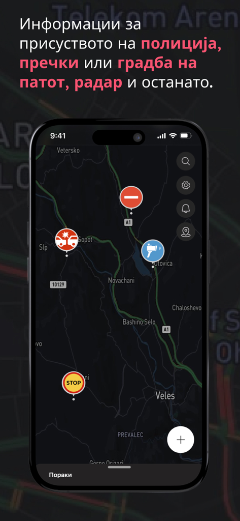 Info Traffic app interface showing a dark mode map with real-time icons for police alerts, accidents, and speed cameras