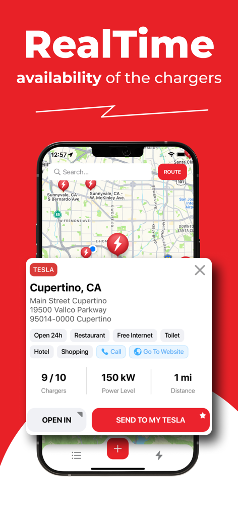 Supercharger map for Tesla - A mobile app interface showing Tesla supercharger locations on a map with real-time availability and nearby amenities