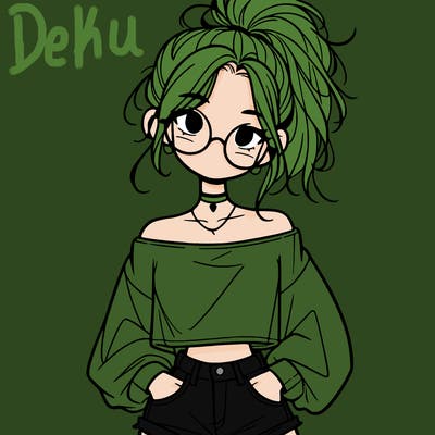 girl with a messy ponytail glasses a baggy crop top and jean shorts