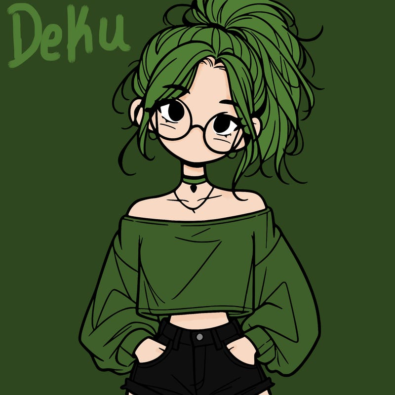 girl with a messy ponytail glasses a baggy crop top and jean shorts