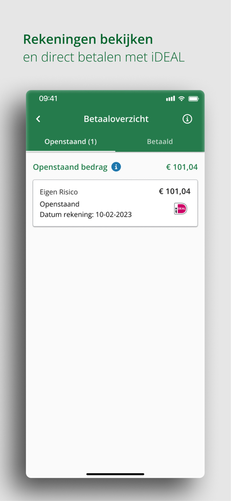 MijnDSW - MijnDSW app screen showing a payment overview with an outstanding health insurance bill and an iDEAL payment option.