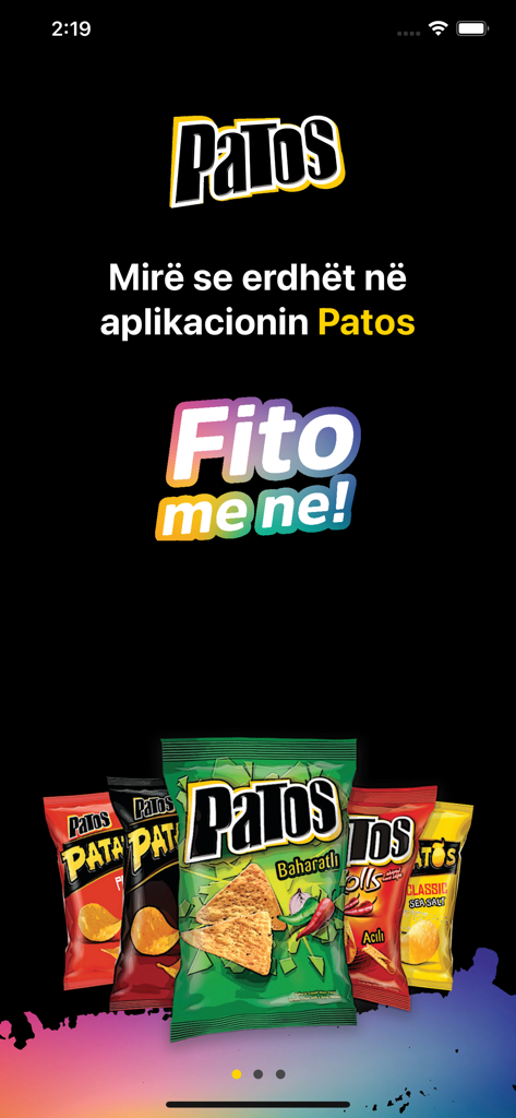 Welcome screen of the Patos snacks loyalty app featuring various bags of chips