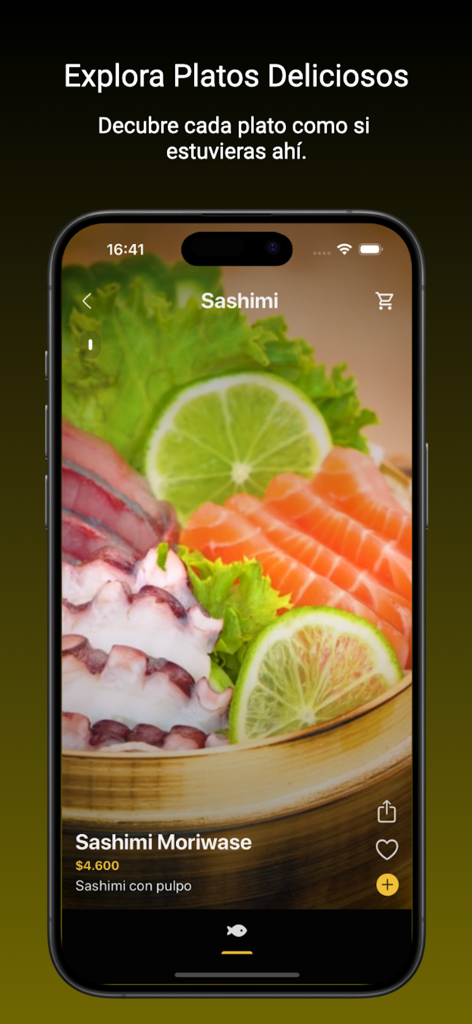 DOT Experience - Smartphone screen of the DOT Experience app displaying a Sashimi Moriwase dish with pricing and ordering options