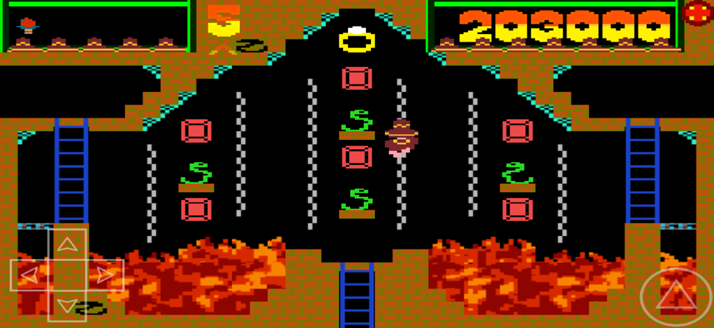 モンテズマ ディレクターズカットのゲームプレイ画面。レトロ8ビットのグラフィックとタッチコントロールが表示されている。