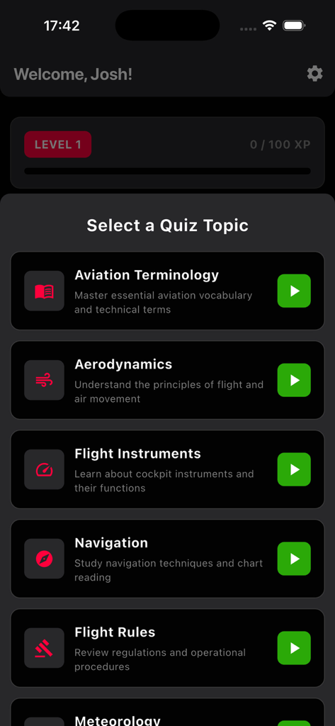 Aviators Quiz - Aviators Quizアプリのインターフェース。空気力学やナビゲーションなどの教育トピックが表示されます。