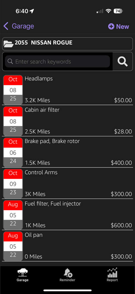 Vehicle Maintenance Tracker - A detailed list of vehicle maintenance records showing service dates, tasks like oil pan and brake pads, mileage, and costs.